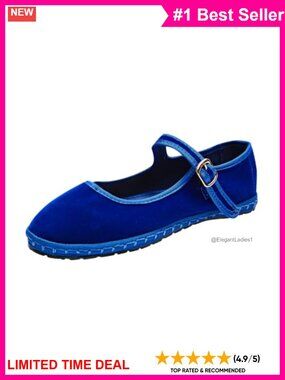 Women's Velvet Mary Jane Ballet Flats Hand-Stitched Buckle Strap Comfort Shoes